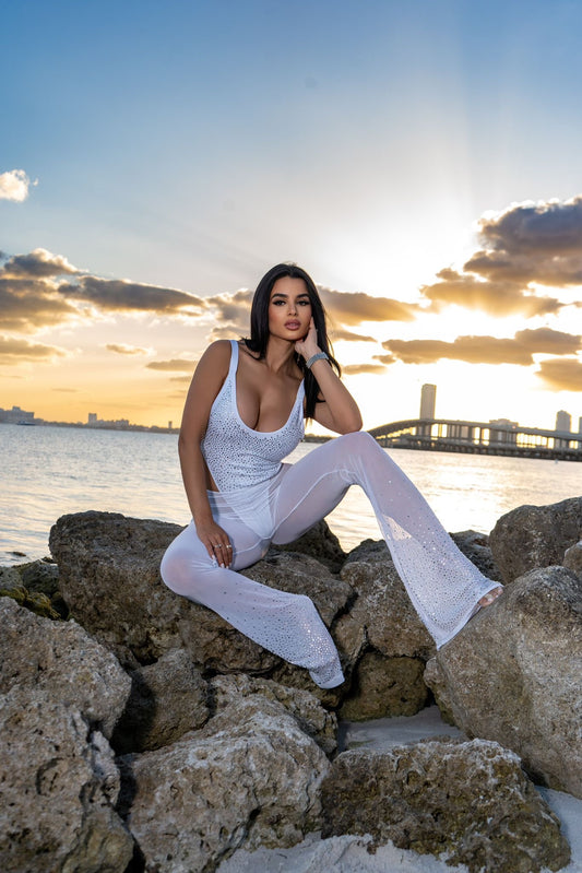 Crystal Mesh Flared Pant in White