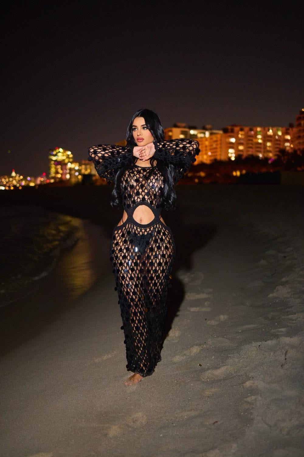 Black sequin crochet cover up dress