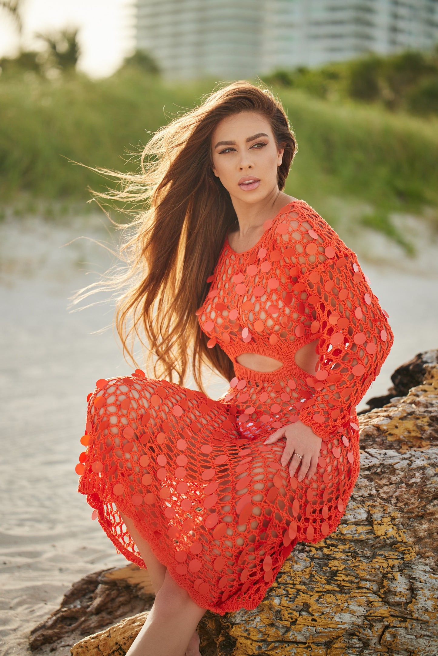 Orange sequin embellished crochet coverup dress
