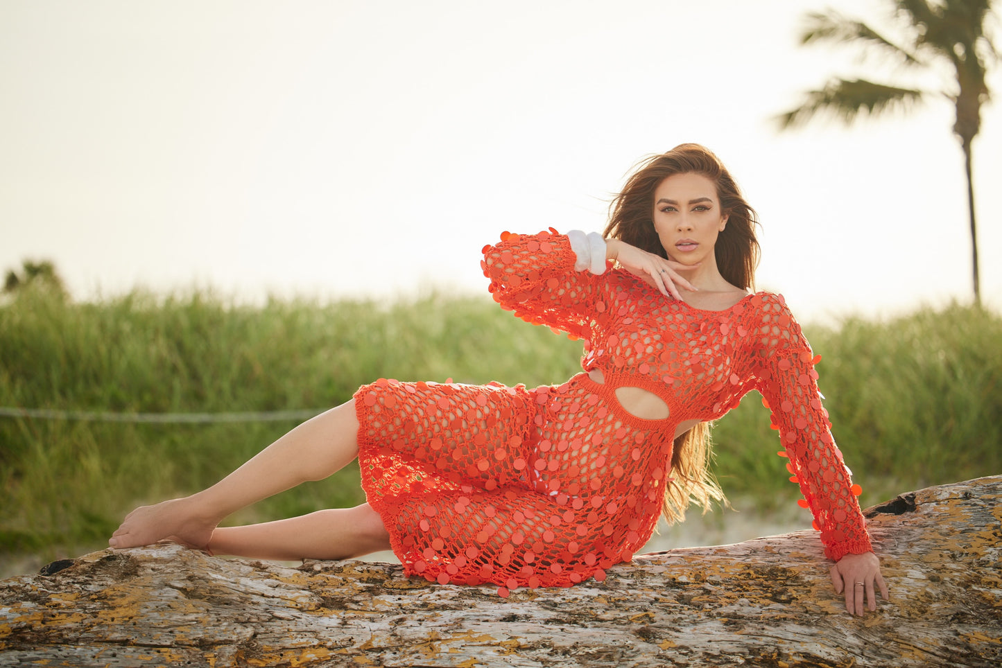 Orange sequin embellished crochet coverup dress