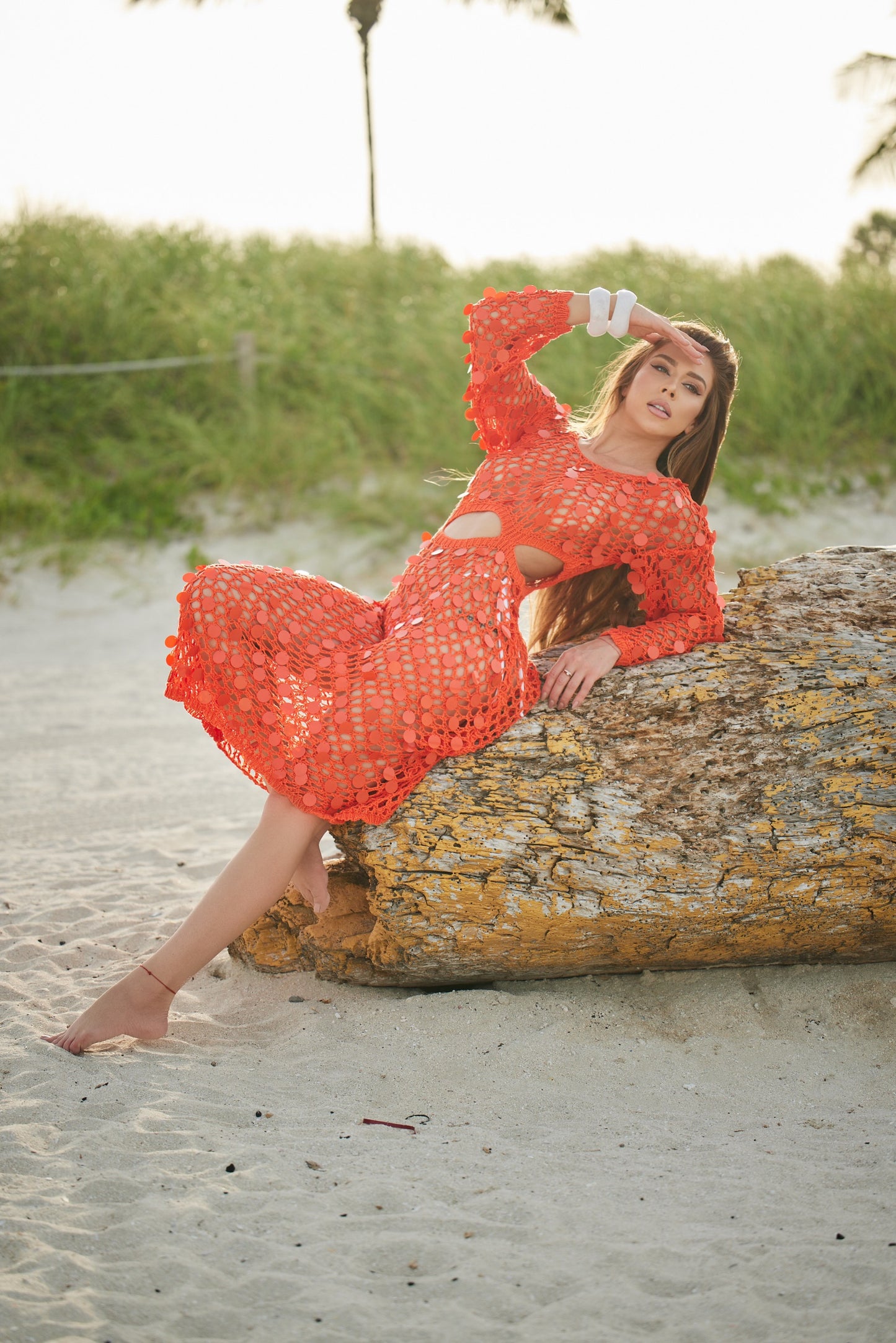 Orange sequin embellished crochet coverup dress