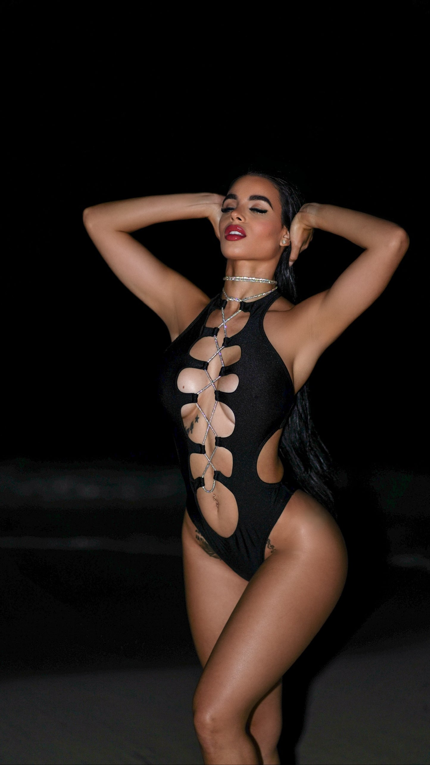 Diamonds are a girls best friend Black cutout one piece with crystal detail