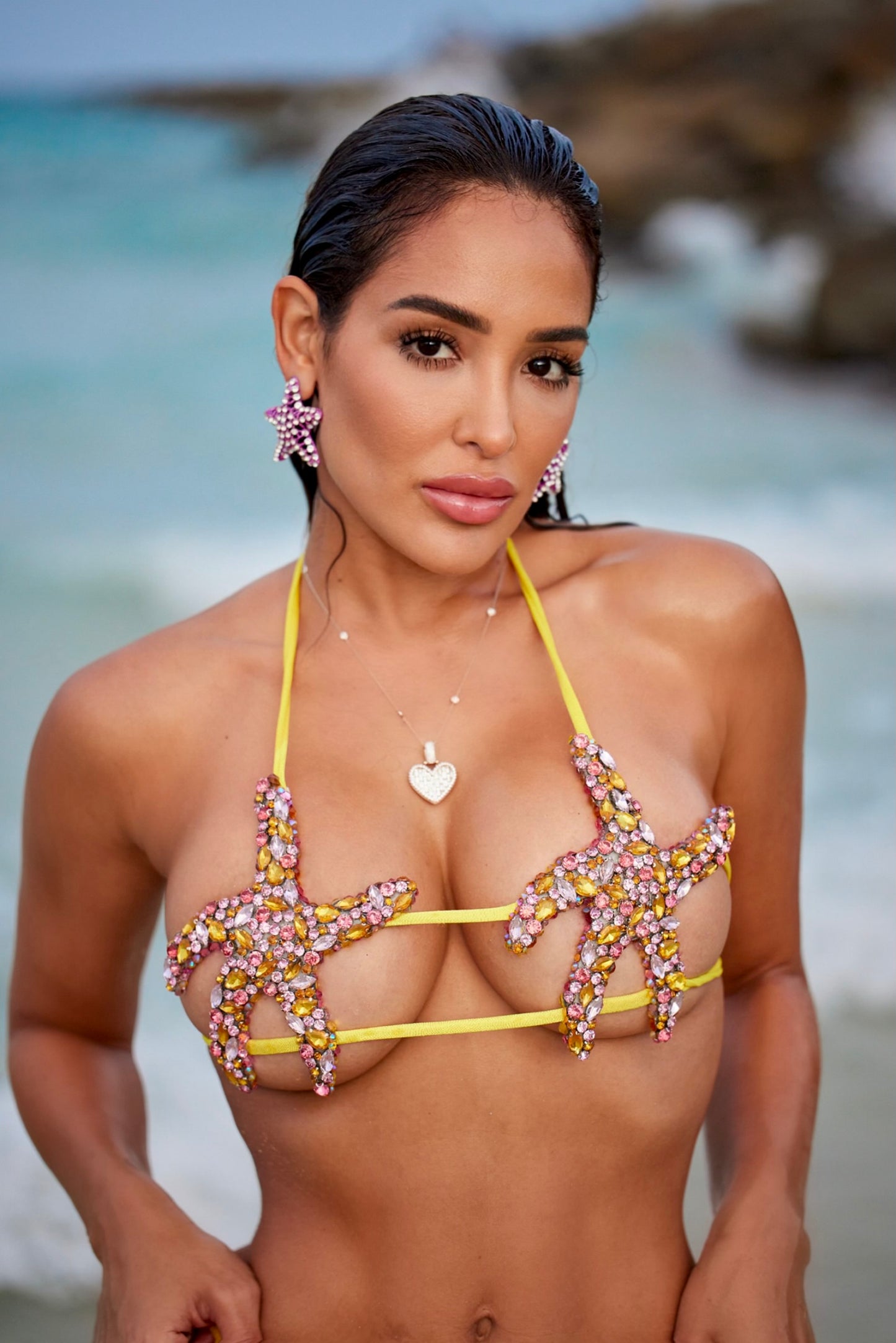 Pink & yellow siren crystal bikini set