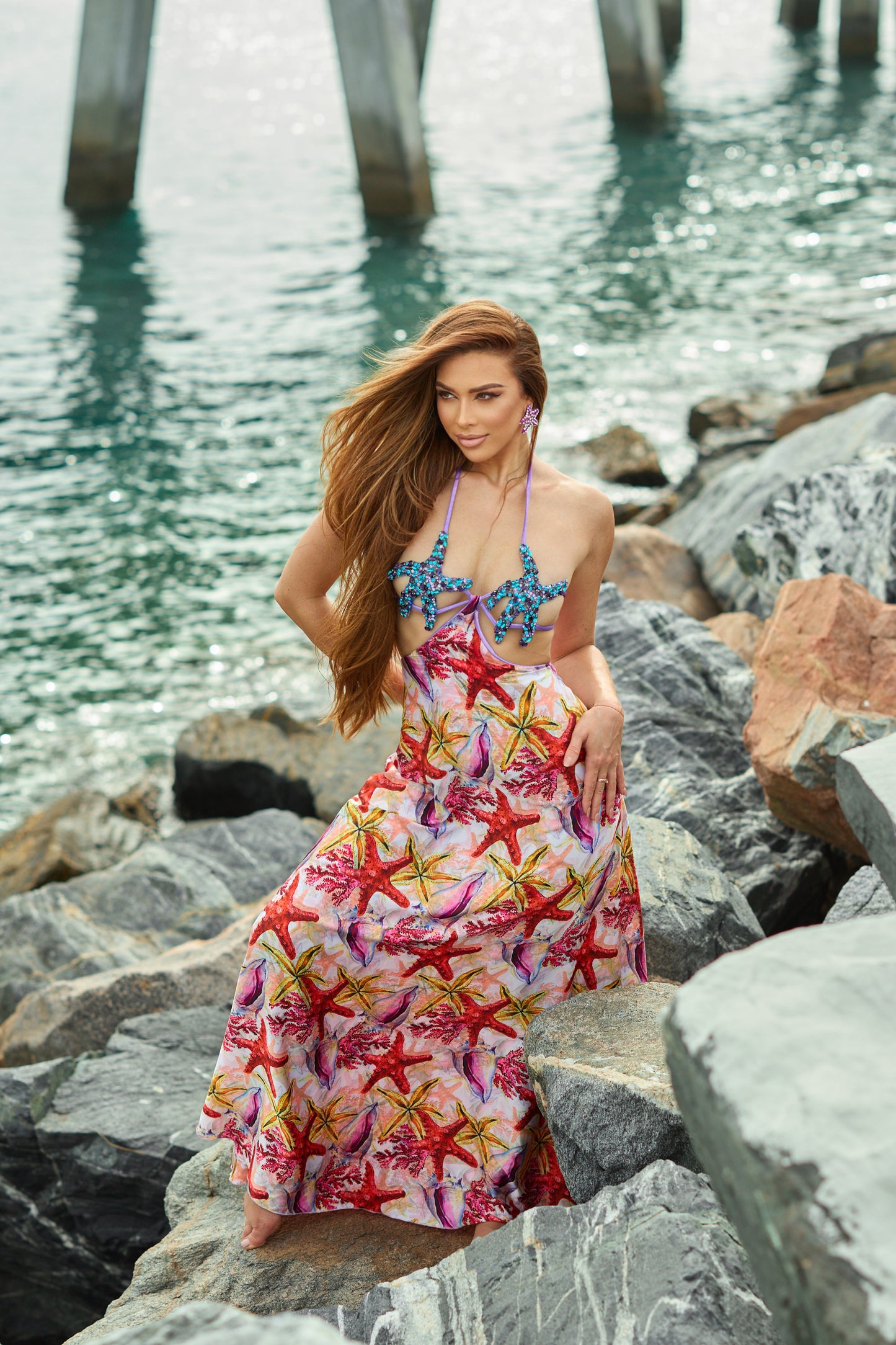 Red & Aqua lilac goddess of the ocean starfish dress