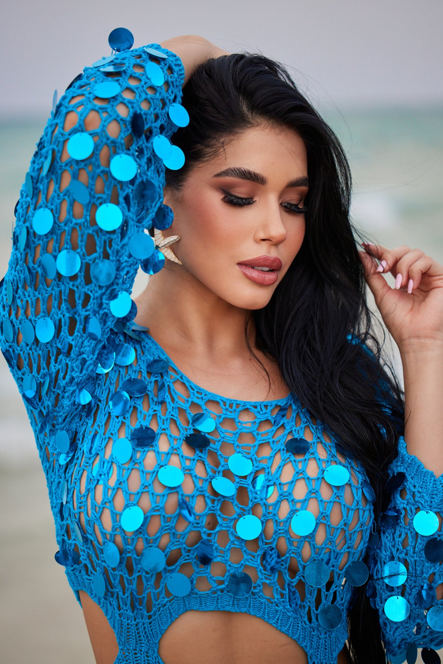 Blue sequin crochet cover up dress