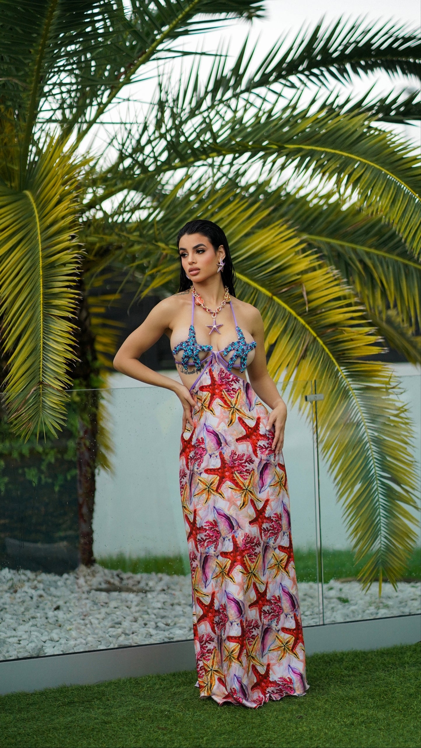 Red & Aqua lilac goddess of the ocean starfish dress
