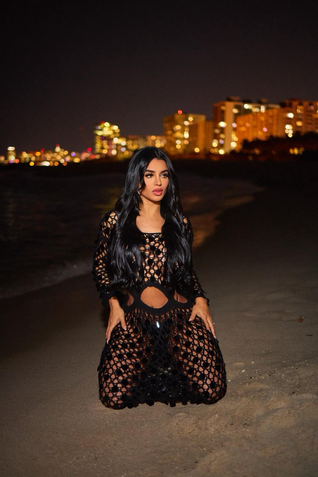 Black sequin crochet cover up dress