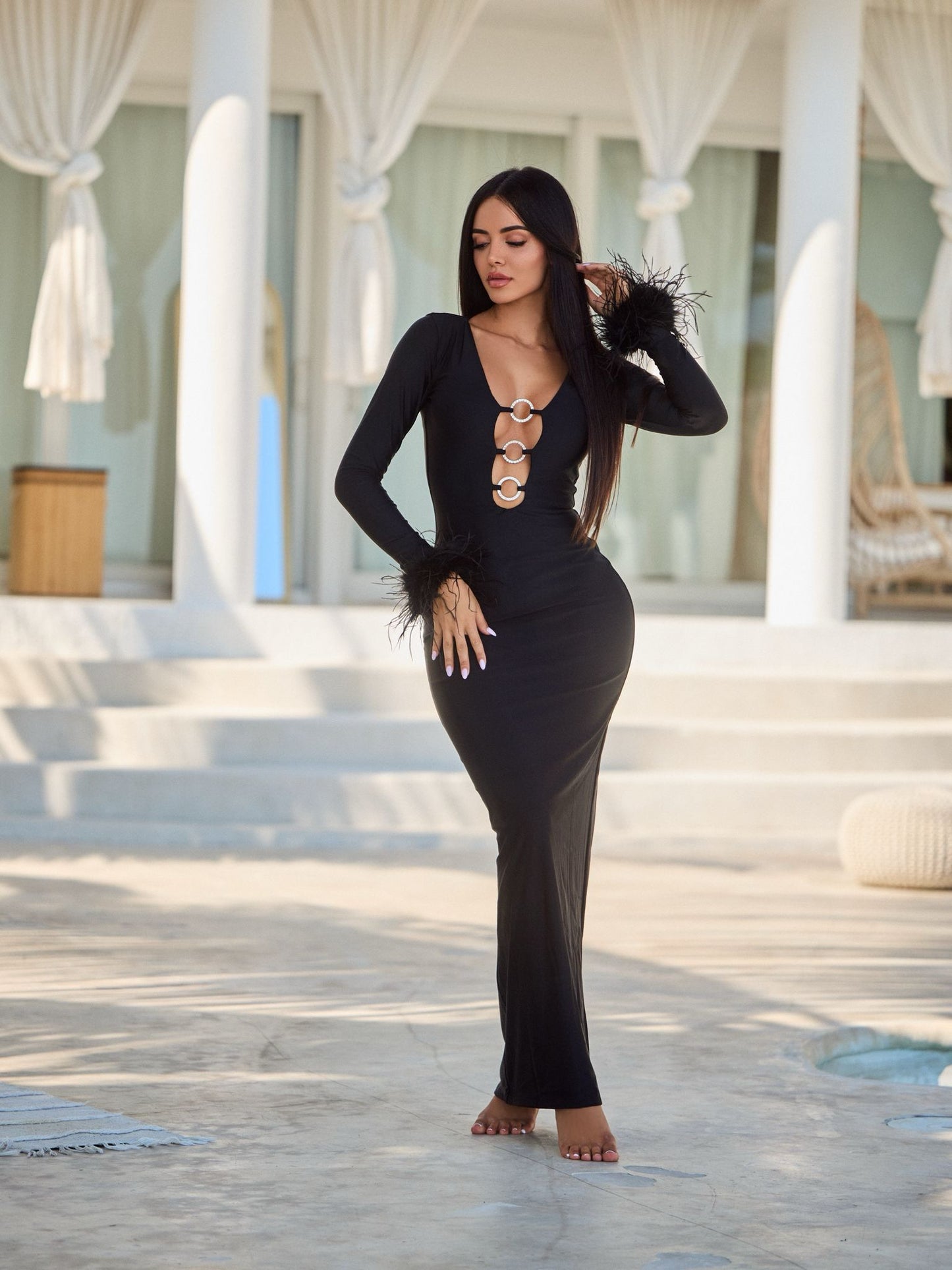 Black Ostrich Feather Long Sleeve Beach Dress