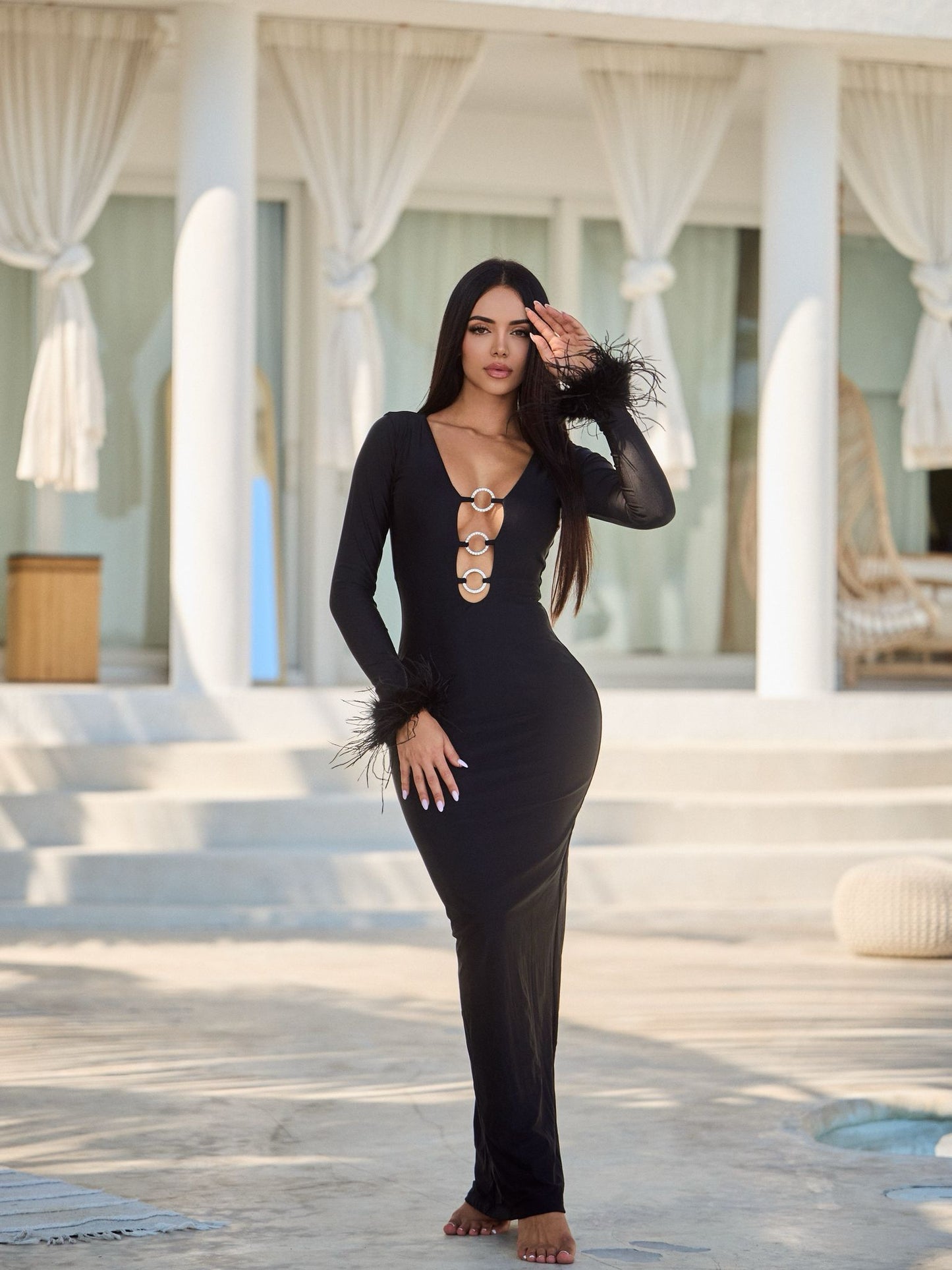 Black Ostrich Feather Long Sleeve Beach Dress