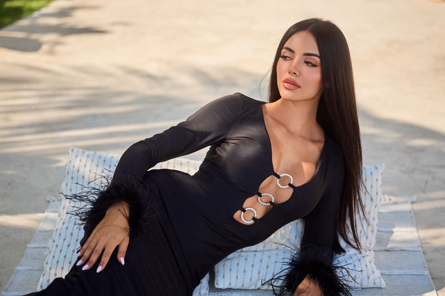 Black Ostrich Feather Long Sleeve Beach Dress